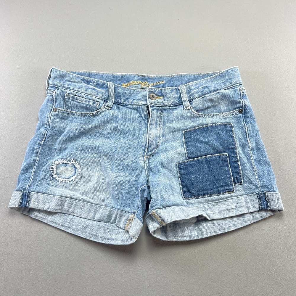 Arizona Jean Co Denim Cuffed Shorts Women 8 Blue Light Wash Patchwork Distressed